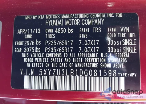 2013 Hyundai Santa Fe Sport z USA, uszkodzony, nr VIN 5XYZU3LB1DG081598